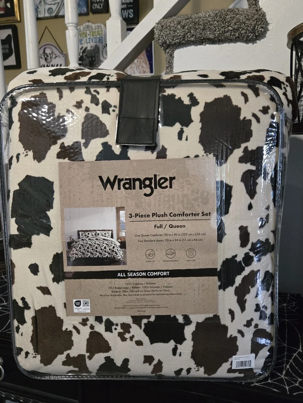 Plush Wrangler 3 Piece Comforter Set Brown & Cream Cow Print Western QUEEN